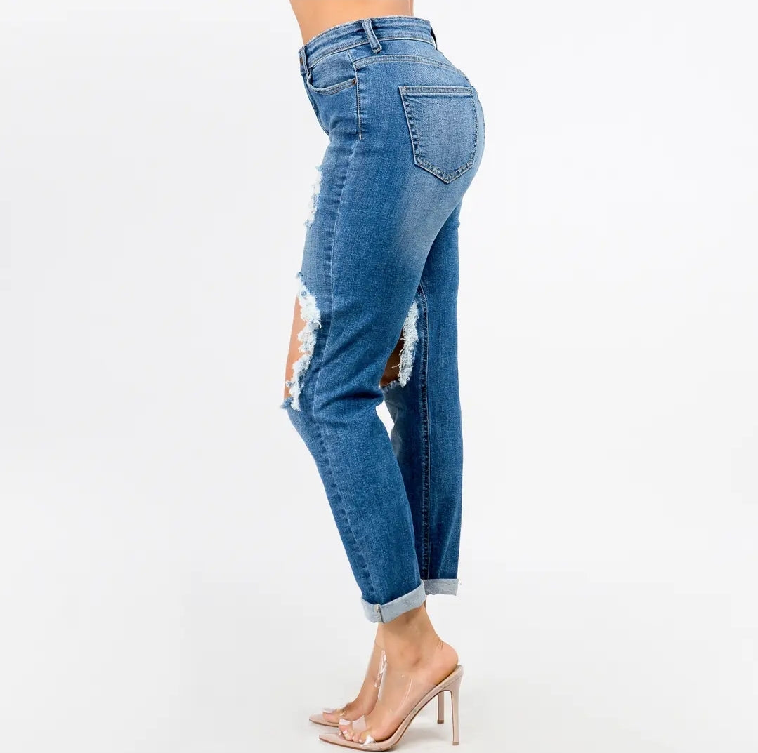 High Waisted Boyfriend Cut Out Jeans