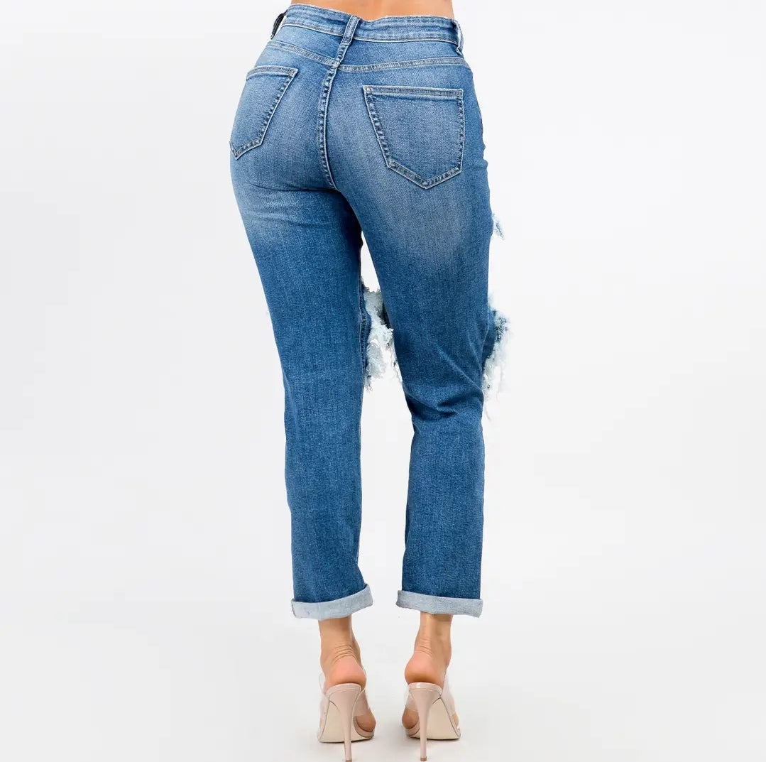 High Waisted Boyfriend Cut Out Jeans