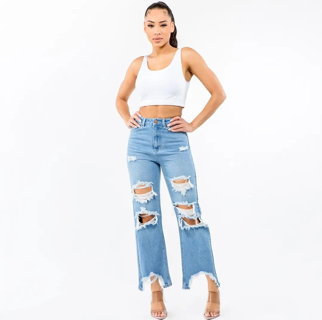 High Waisted Distressed Wide Leg Jeans