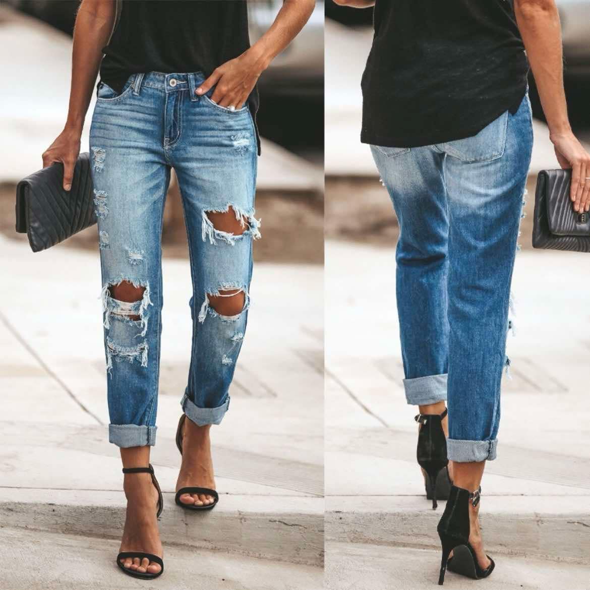 Blue High Rise Distressed Ripped Jeans