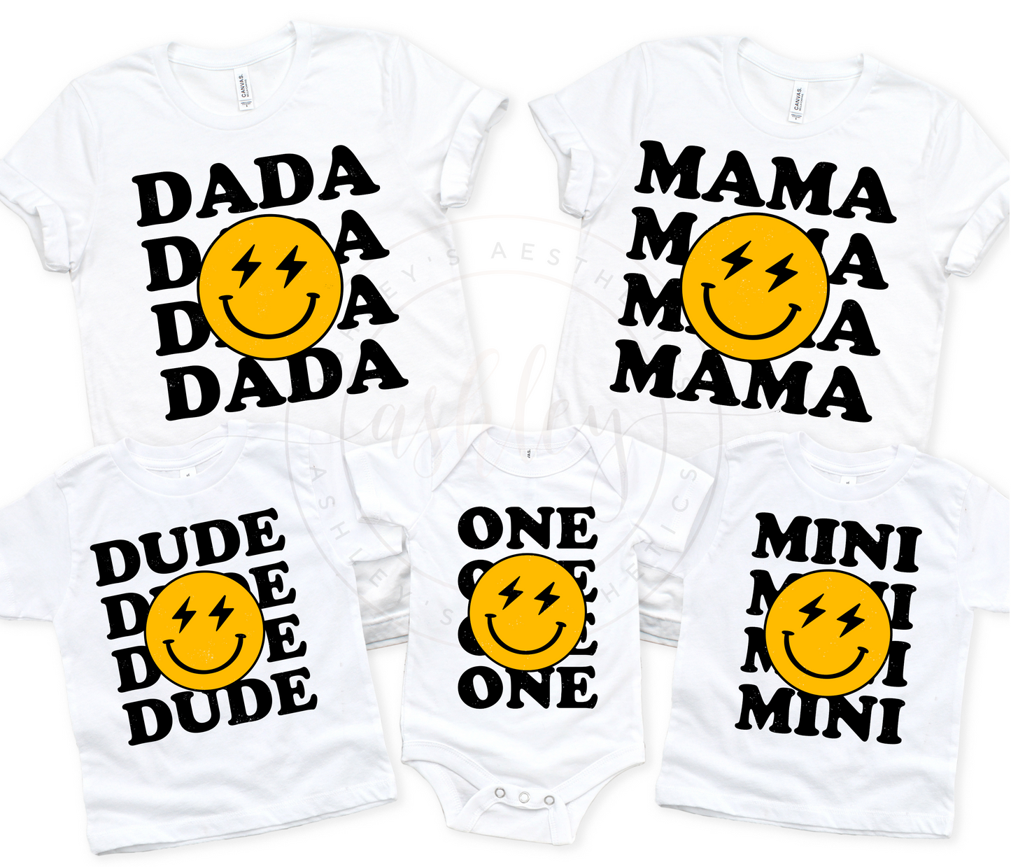 One Stacked Smiley Face Matching 1st Birthday Tees