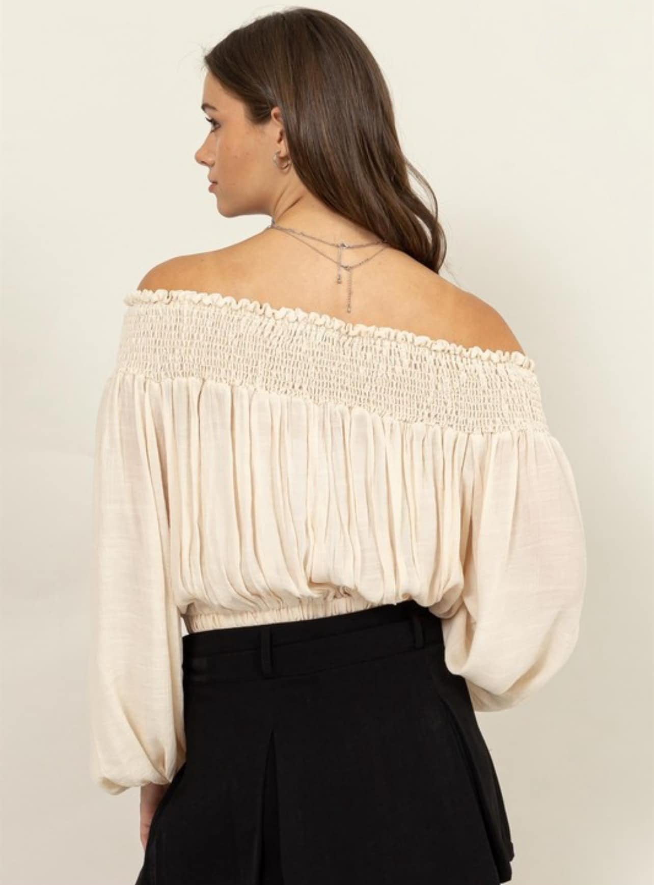 Cream Off Shoulder Smocked Blouse