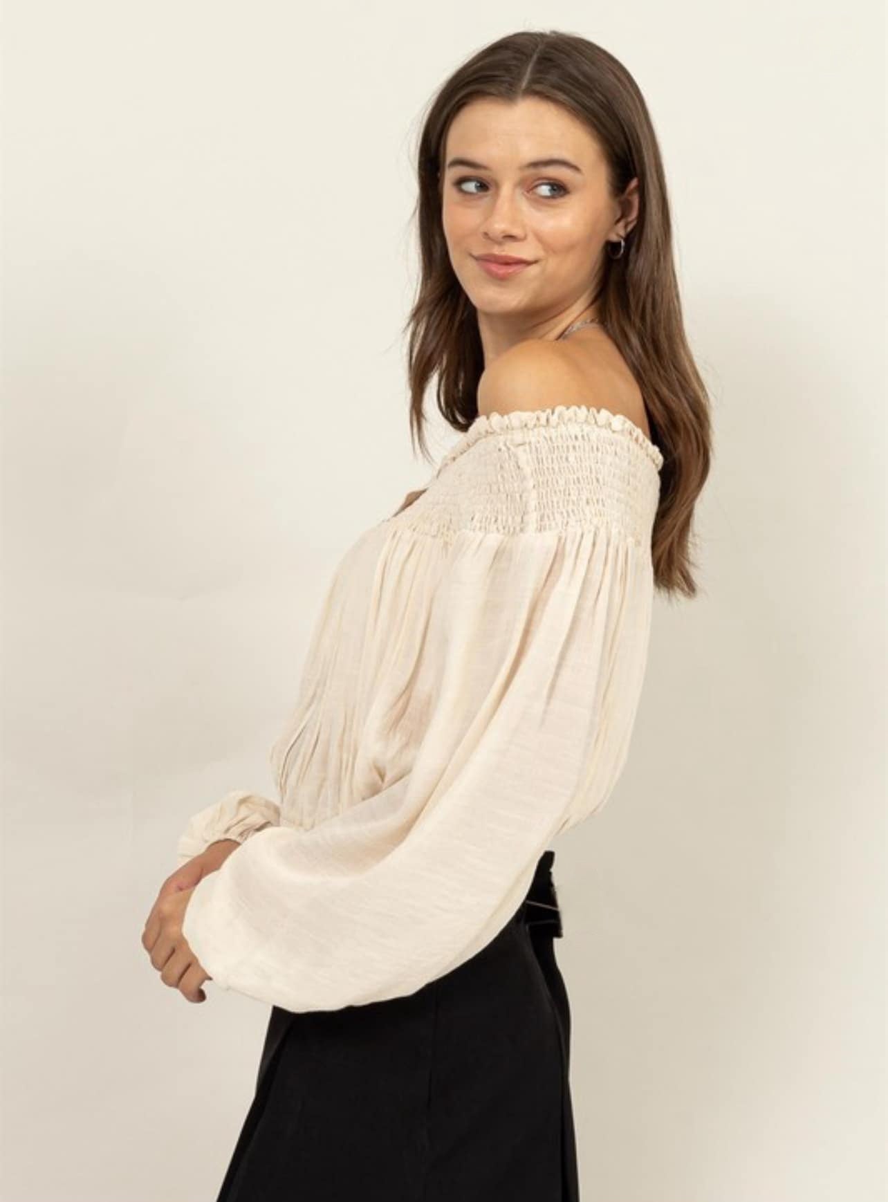 Cream Off Shoulder Smocked Blouse
