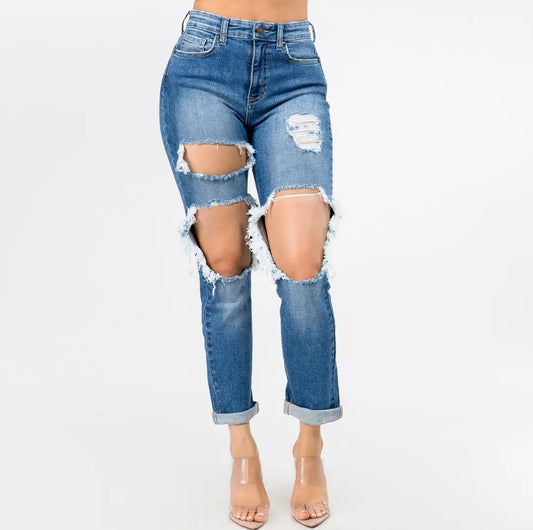 Plus Size High Waisted Boyfriend Cut Out Jeans