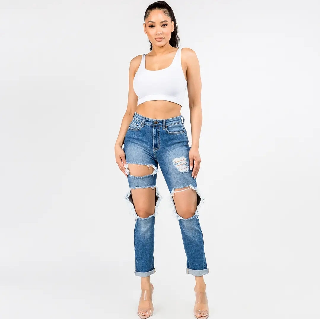High Waisted Boyfriend Cut Out Jeans