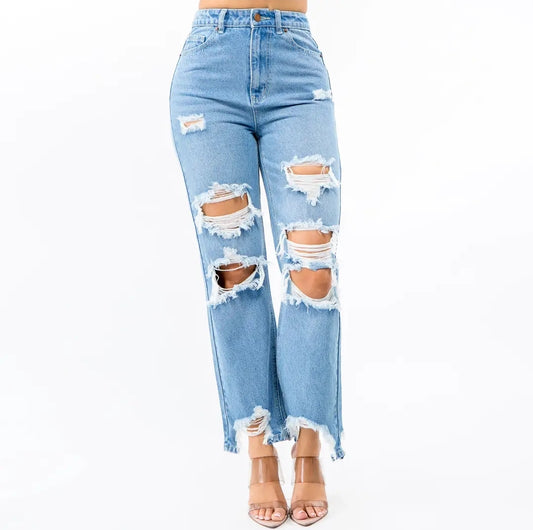 High Waisted Distressed Wide Leg Jeans