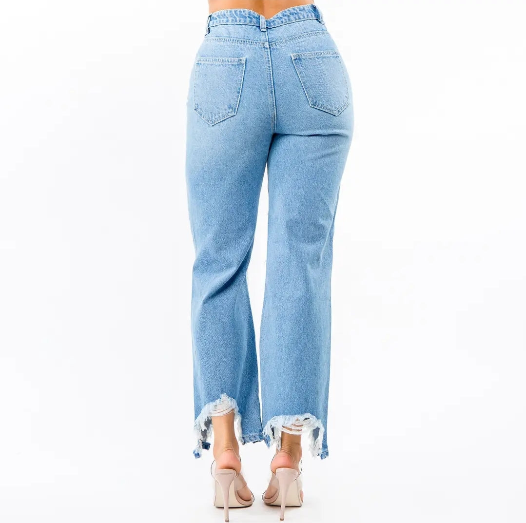 High Waisted Distressed Wide Leg Jeans