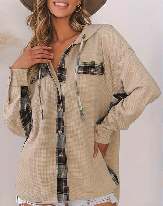 Khaki Waffle Knit Plaid Hoodie