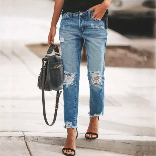 High Rise Distressed Ripped Frayed Hem Jeans