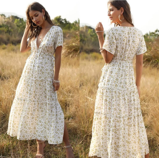 White Floral Ruffled Boho Midi Dress