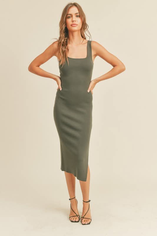 Miou Muse Olive Ribbed Midi Dress