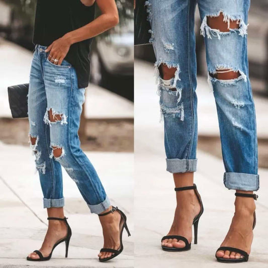 Blue High Rise Distressed Ripped Jeans