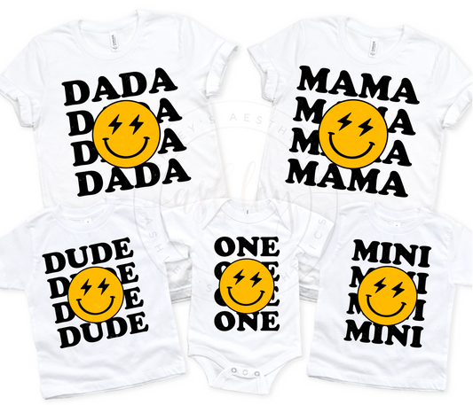 One Stacked Smiley Face Matching 1st Birthday Tees